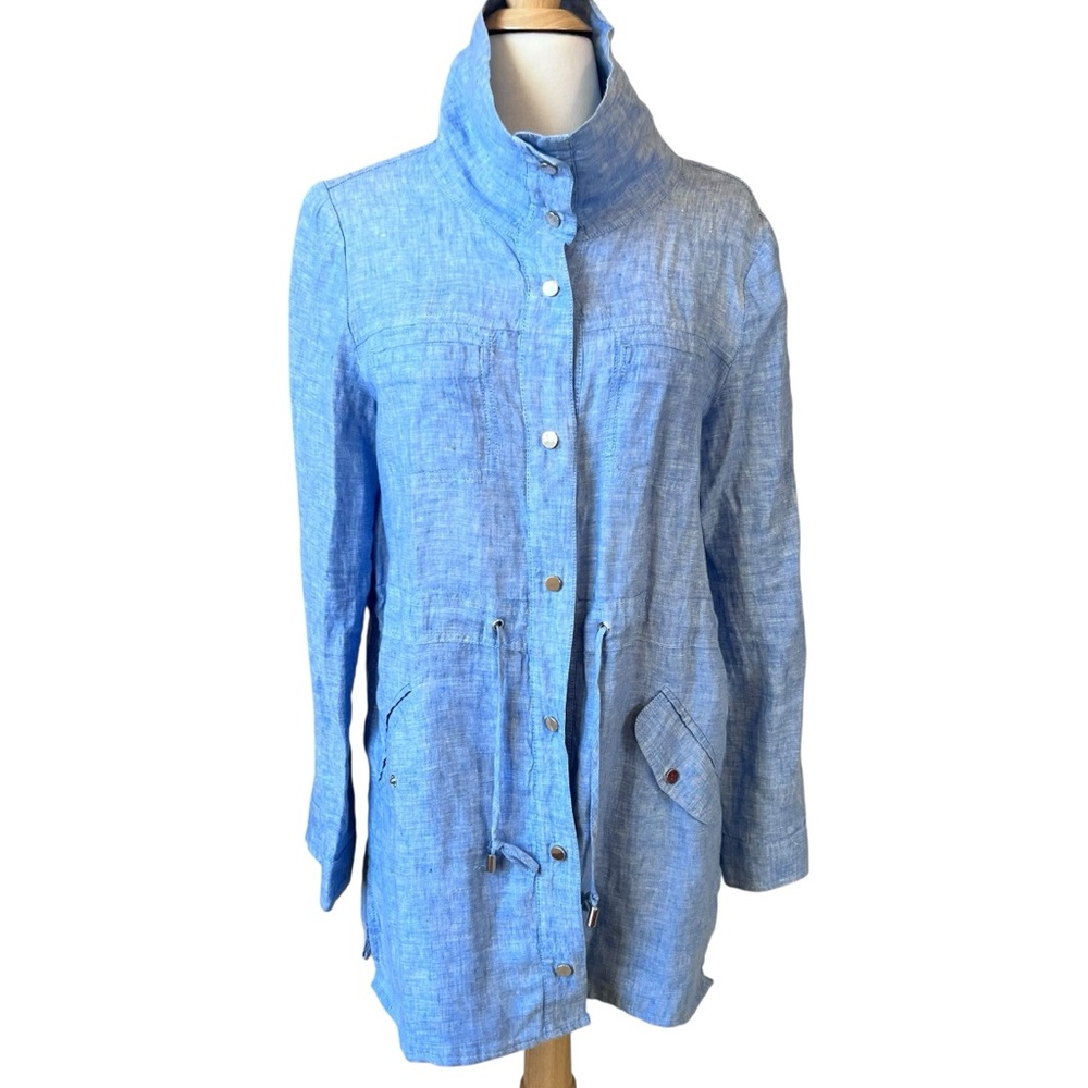 Chicos Blue Cross Dye Linen Utility Jacket